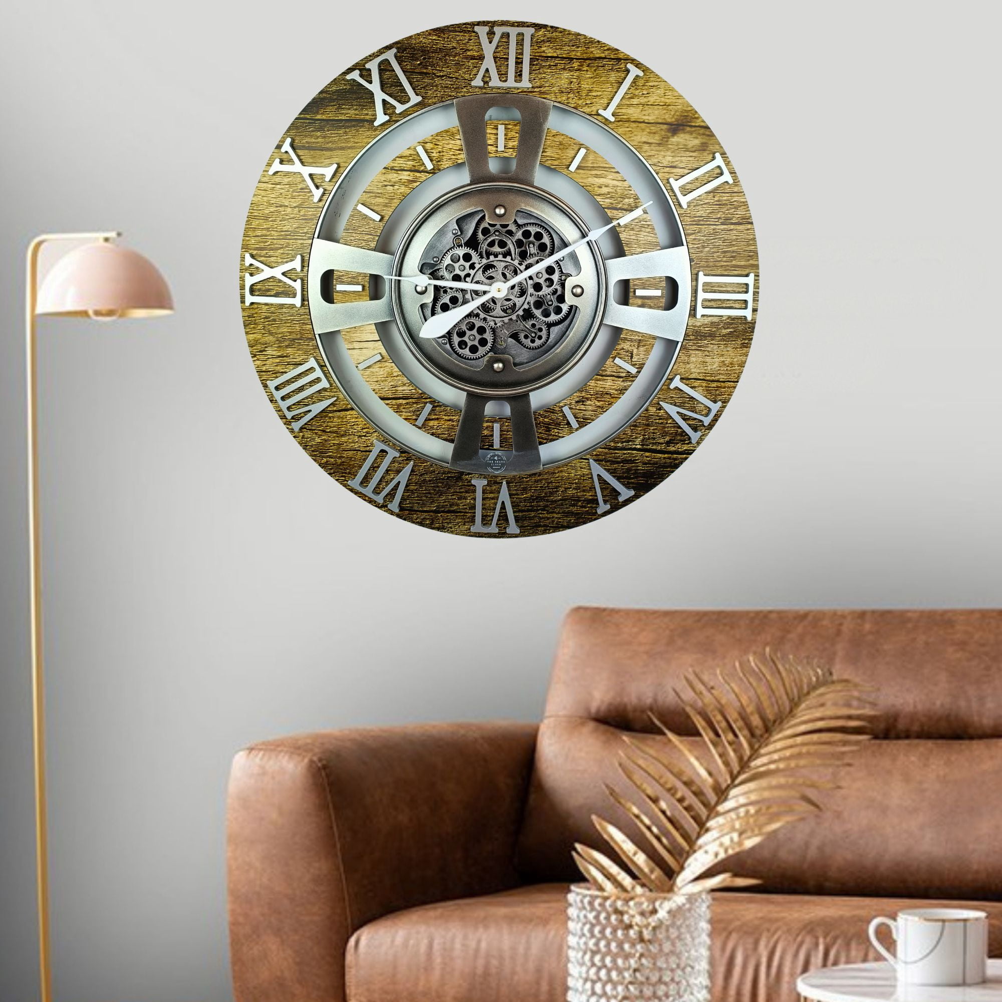 THE GEARS CLOCK Wall Clock with Real Moving Gears EN-LI_ 24 in Round Gold-Antique