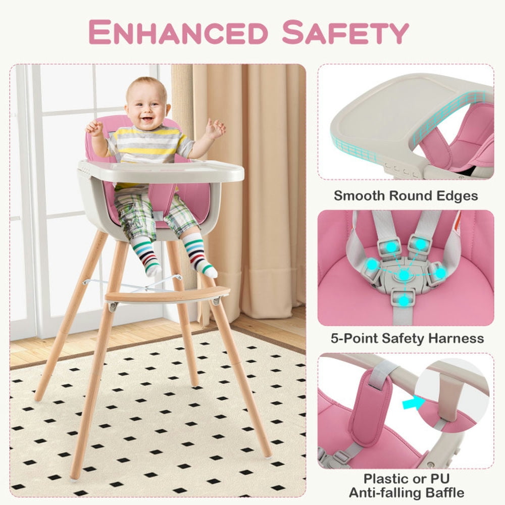 Yardi Yard 3-in-1 Convertible Wooden High Chair with Cushion-Pink, Compact and Portable High Chair, Foldable High Chair, High Chair