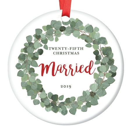 Our Twenty Fifth Christmas Married 2019 Ornament Boho Wreath Decor Holiday Tree Decoration Silver Couple Mr and Mrs 25th Anniversary Special Gift Ideas Mom Dad Winter Ceramic 3