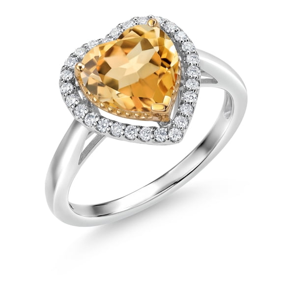 Gem Stone King 1.60 Ct Yellow Citrine G/H Lab Grown Diamond 925 Silver and 10K Yellow Gold Ring (Size 7)