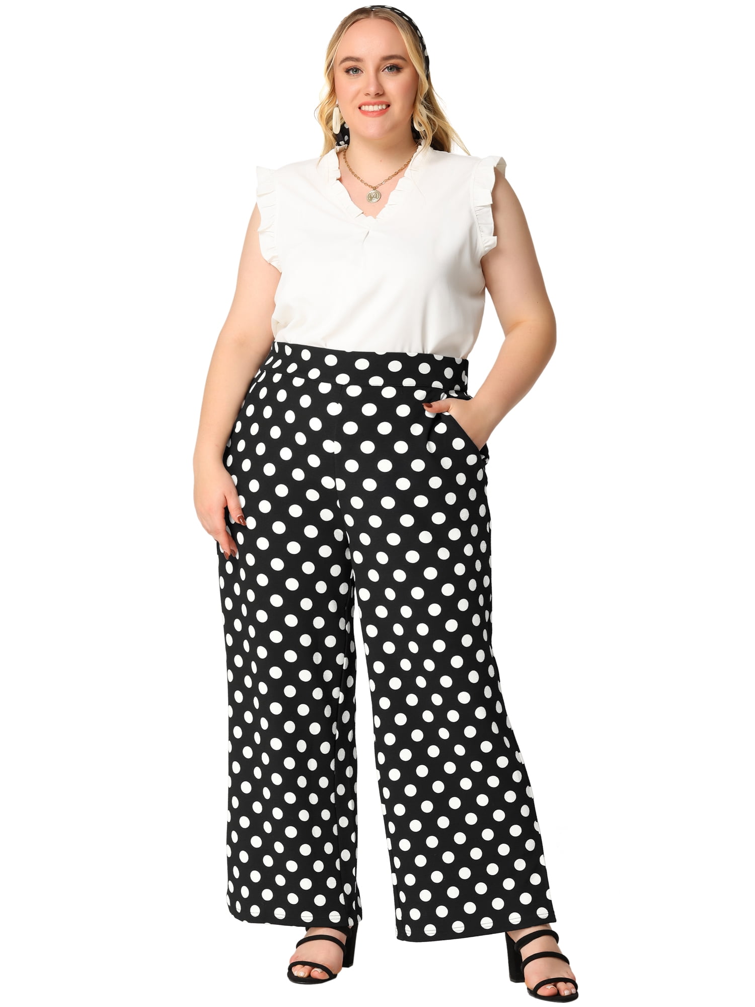 CURVY GLAM Women's Plus Size Polka Dots Palazzo Female Pants Wide Leg Lounge Pant