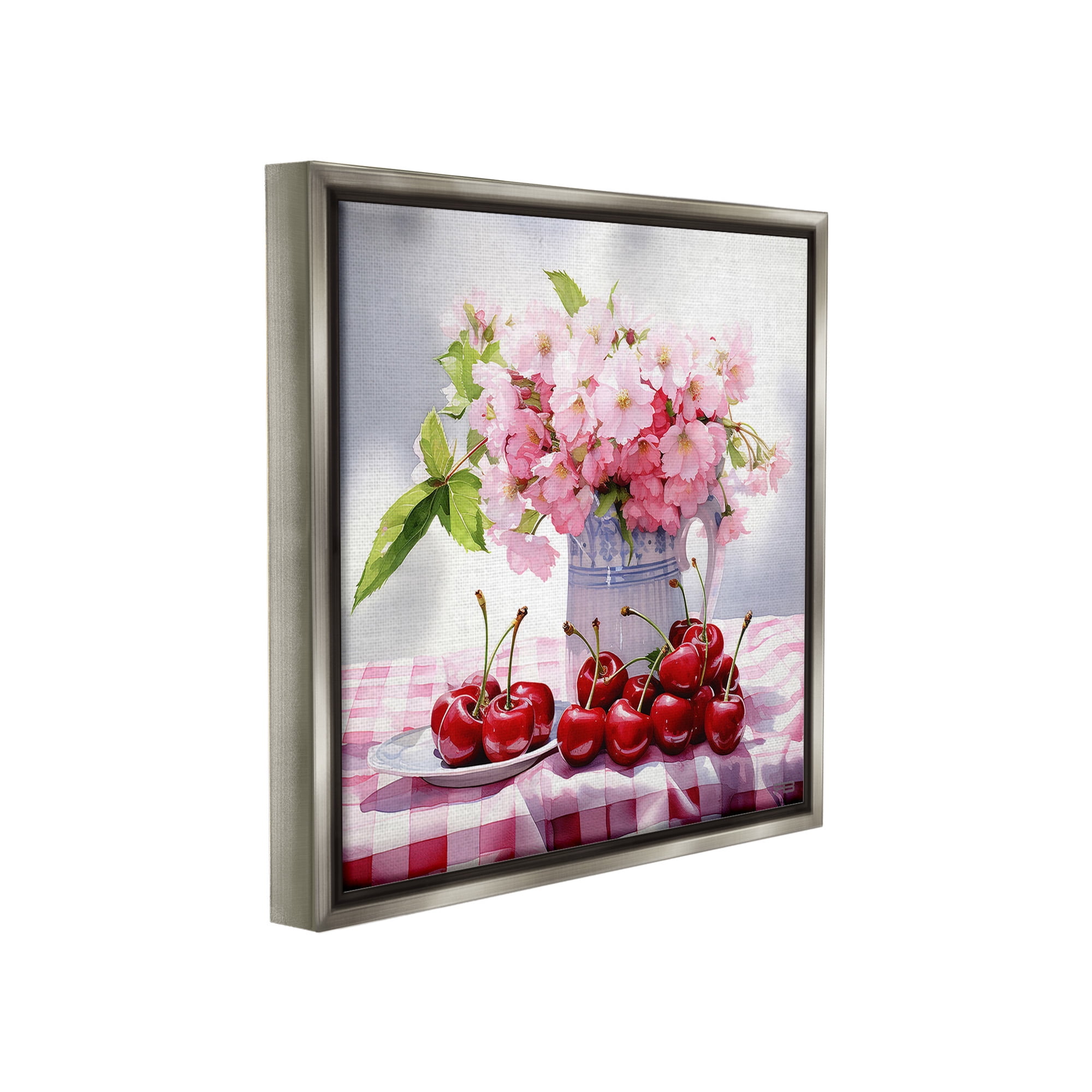 Stupell Industries Cherries & Blossoms Bouquet Botanical & Floral Painting Gray Floater Framed Canvas Art Print Wall Art, 18 x 18
