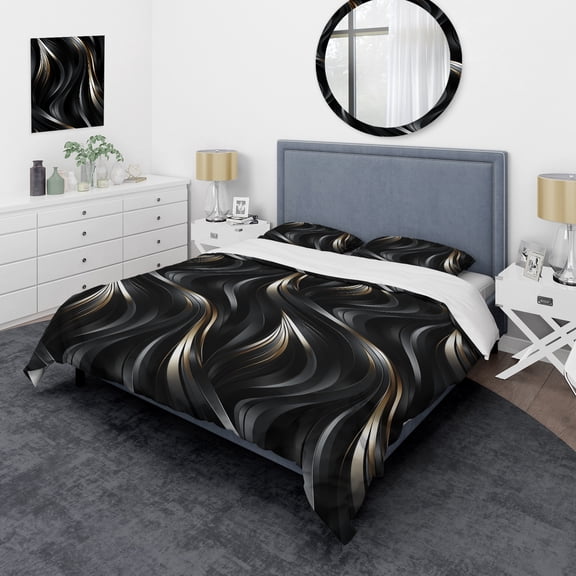 Designart "Luxurious Black And Gold Allure V" Glam Bedding Covert Set - Glam Bed Set With 2 Shams