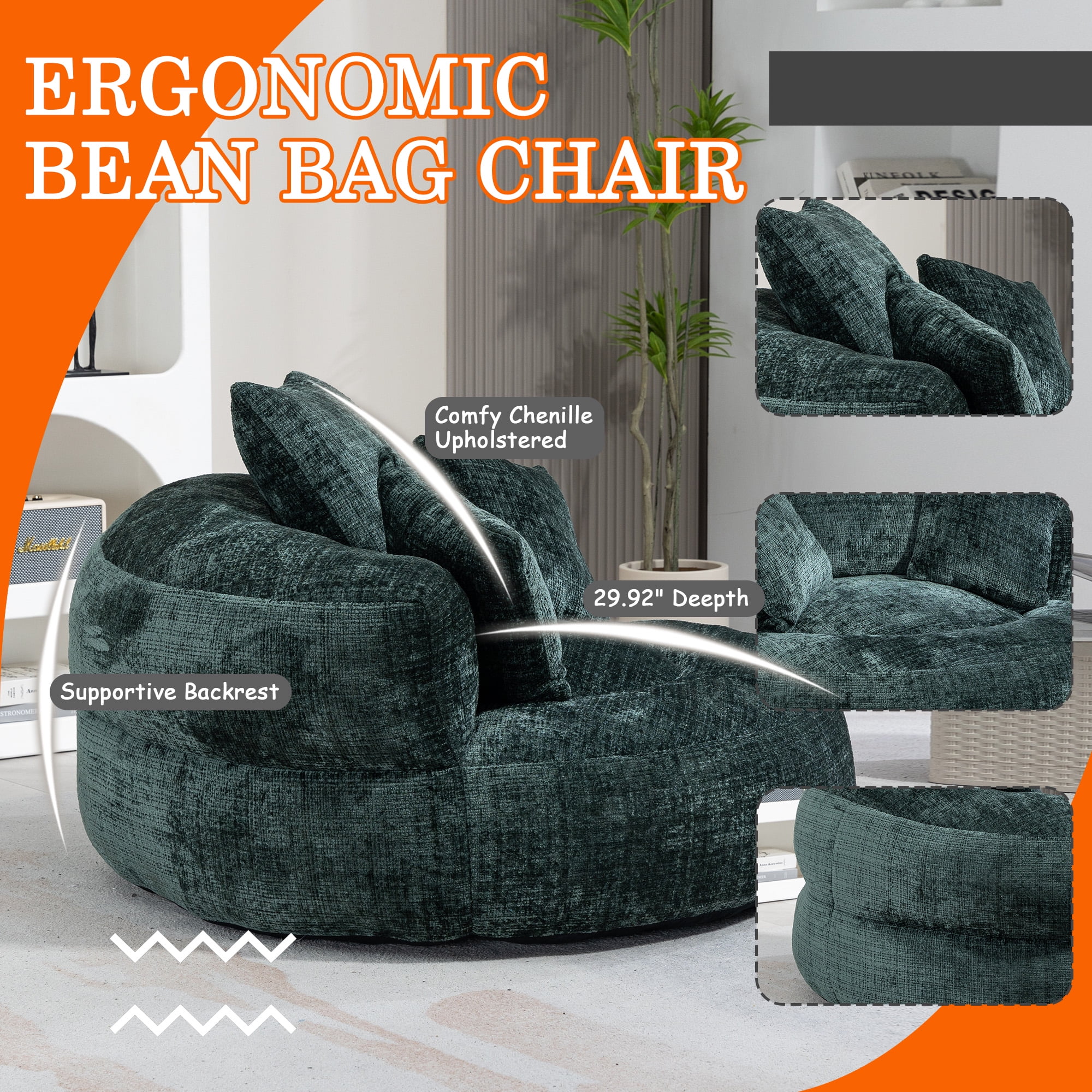 MOONMISS Chenille Upholstered Durable Comfort Lounger Bean Bag Lazy Sofa with Three Pillows-Emerald