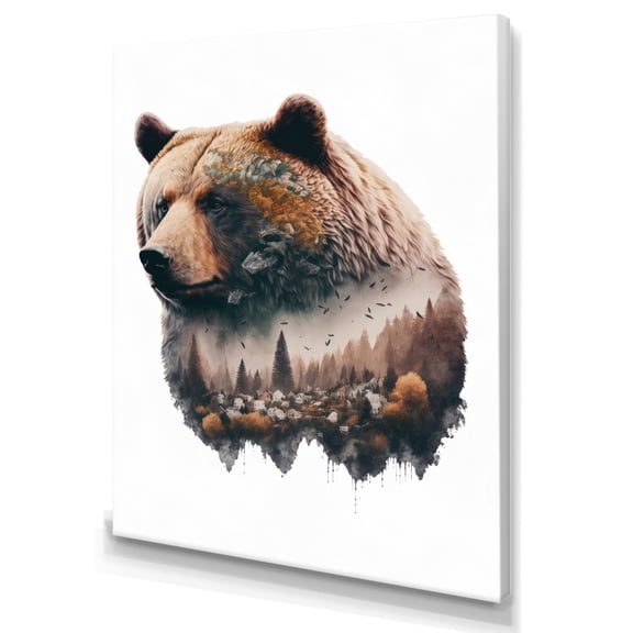Designart Double Exposure Of A Bear With Forest III Canvas Wall Art