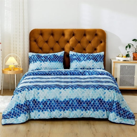 Luxury 3-Piece Queen Comforter Set, Boho Colorful Geometric Print , Soft Lightweight Microfiber Inner Fill Bedding 3 Pieces with Pillow Shams (Blue)