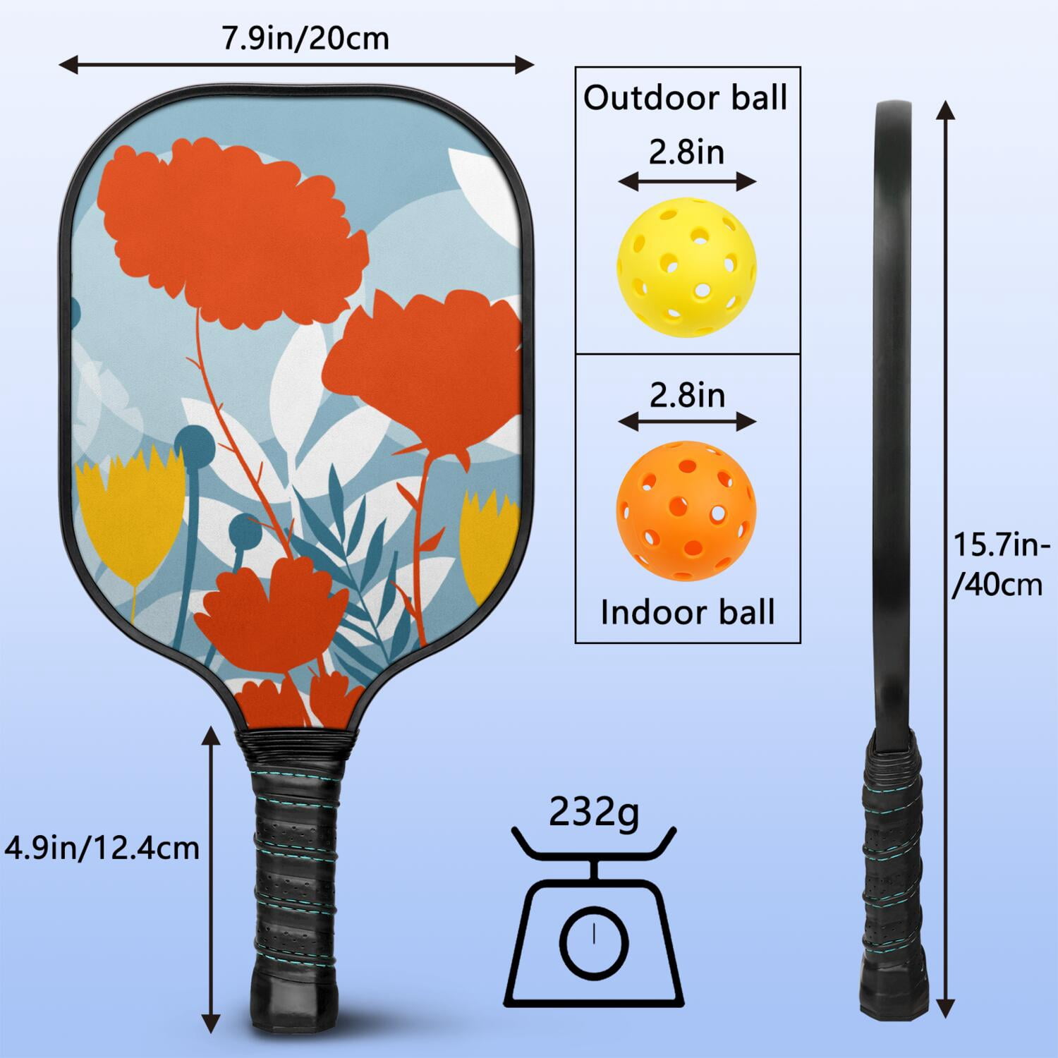 Pickleball Paddles Set Of 1, Fiberglass Surface, Vintage Floral Print, 1 Paddle, 2 Balls & Bag