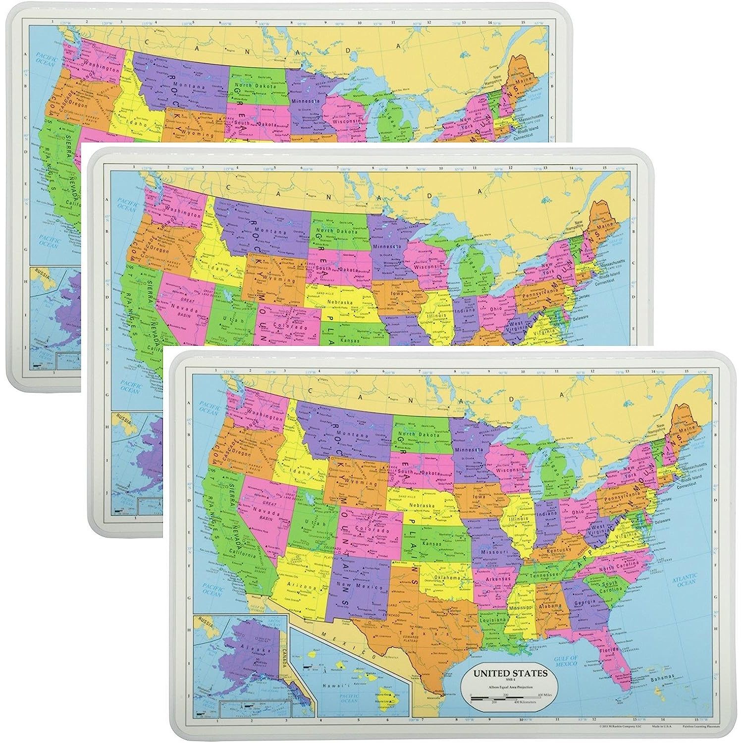 Bilot Educational Placemats Sets USA Map 3 Pack Non Slip Washable