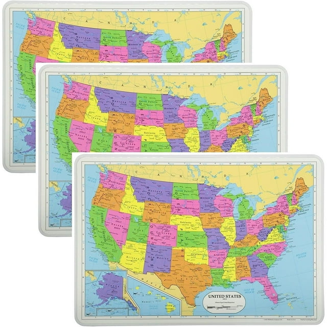 Bilot Educational Placemats Sets USA Map 3 Pack Non Slip Washable