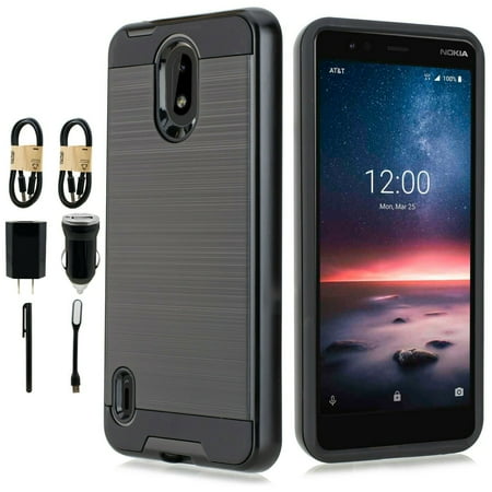 Value Pack Cables Chargers + for Nokia 3.1A (AT&T), 3.1 C (Cricket) Case Phone Cell Phone Case Brushed Hard Back Slip Dent Guard Hybrid Slim Shock Bumper Cover (Black)