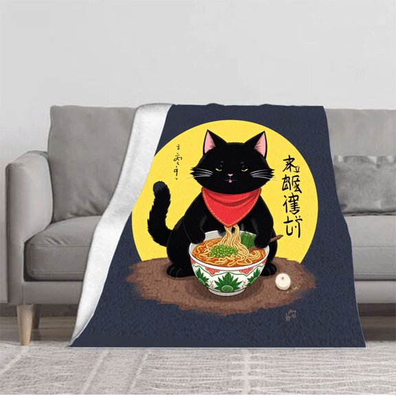 Durable Soft & Warm Flannel Blanket - Cozy Cat Design with Playful Black Cat & Ramen Perfect for Sofa Travel Bed Chair