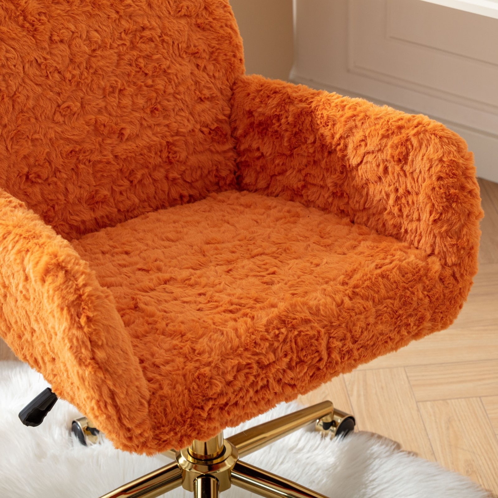 PAPROOS Office Chair, Velvet Upholstered Tufted Button Home Office Chair with Golden Metal Base, Adjustable Height, Swivel Ergonomic Task Chair, Luxury Desk Chair Computer Chair, Orange