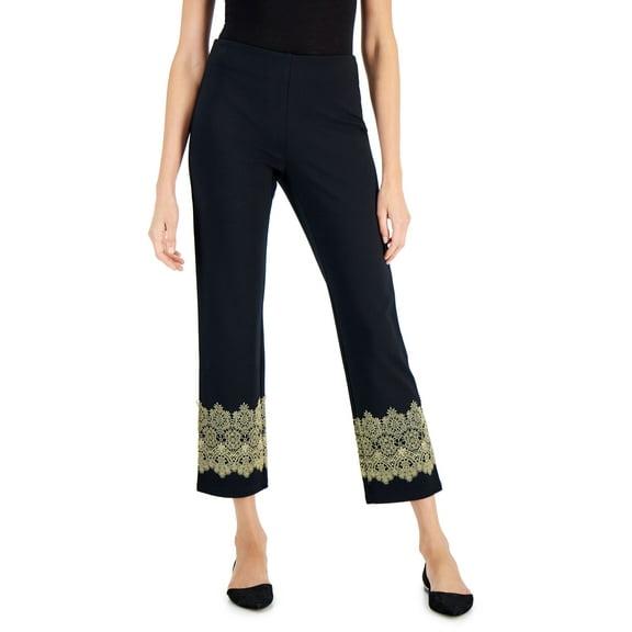 Petite Lace-Hem Ponte Pants Deep Black PXS