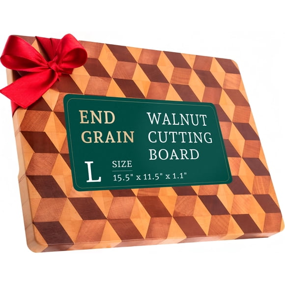 End Grain Wooden Cutting Board for Kitchen 15.5"x 11.5" - Walnut Hardwood Chopping Block with Non Slip Grips - Ideal for Charcuterie & Meat Butcher -