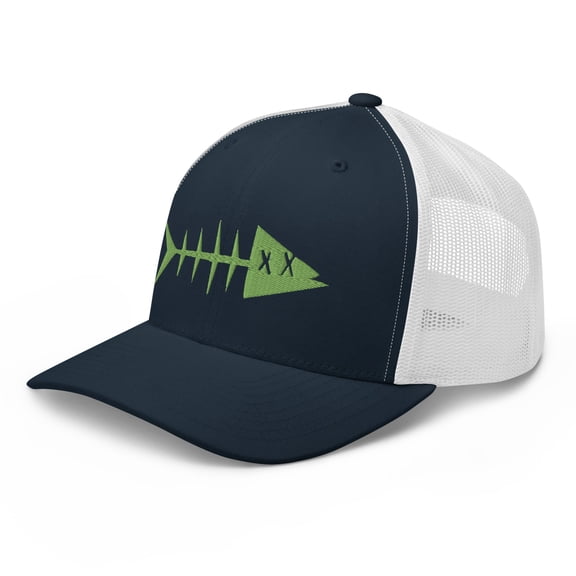 Clishirt Adult Unisex Embroidered Green Fish Adjustable Navy White Retro Trucker Hat