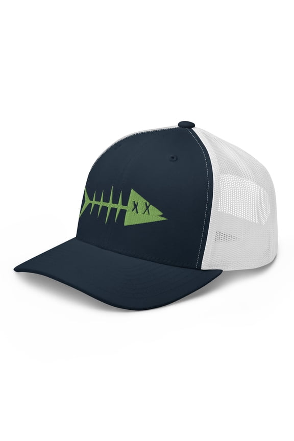 Adult Unisex Embroidered Green Fish Adjustable Navy White Retro Trucker Hat