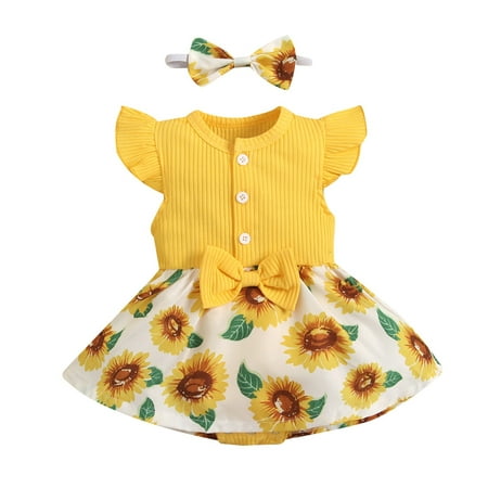 

TAIAOJING Baby Girl Clothes Kids Toddler Beach Sunflowers Prints Fly Sleeves Floral Princess Bowknot Romper Hairband 2pcs Set Fall Outfits 12-24 Months