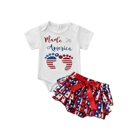 

Lumento Newborn Cute Holiday Tops + Shorts Ruffle Skirt Crew Neck Jumpsuit Patriotic Short Sleeve 2Pcs Outfit Suit