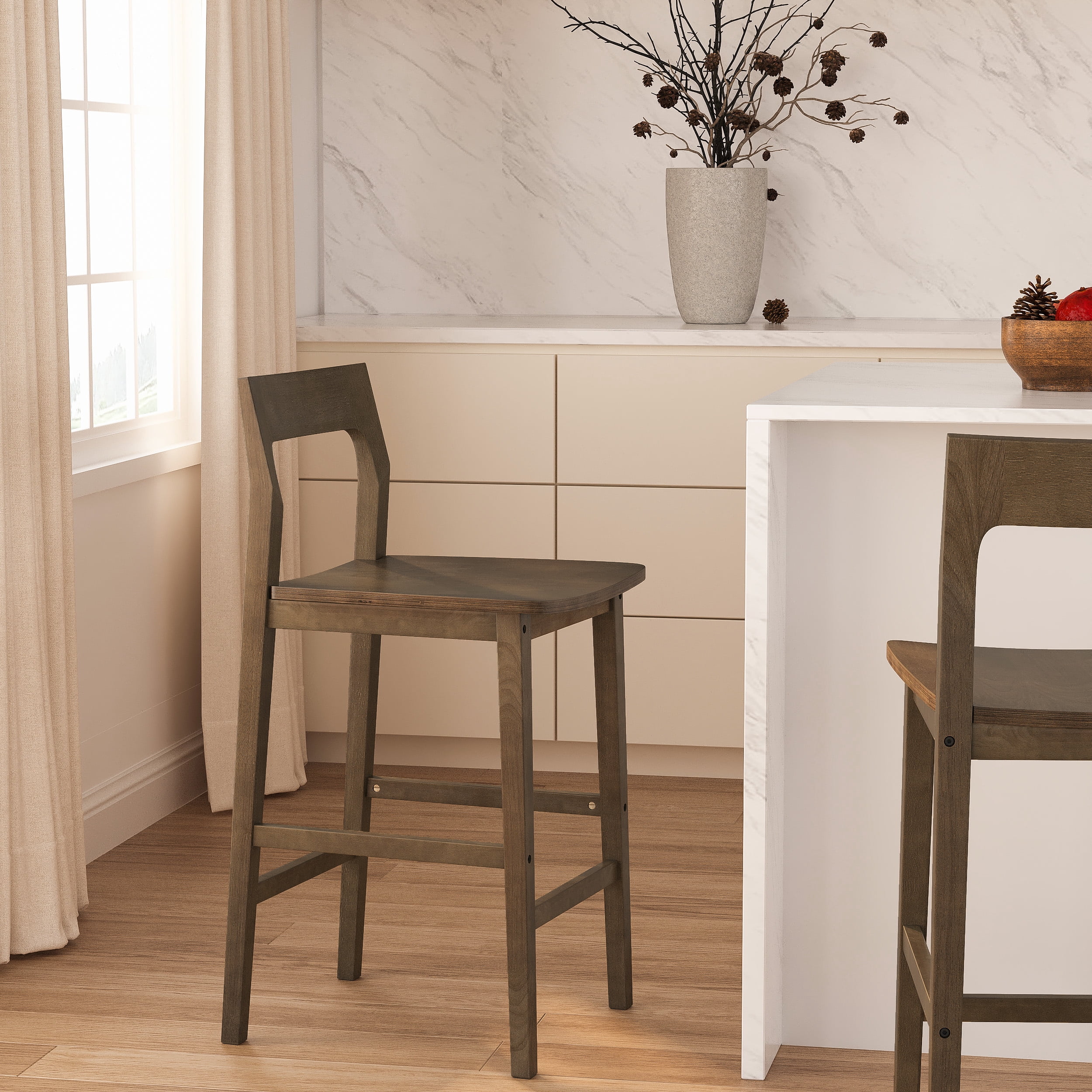 EYYTHUNG Modern Farmhouse Bar Stools 25 inch Mid-Century Solid Wood Counter Height Stools with Back Support Barstools Chairs for Kitchen Dining Room Set of 2, Brown
