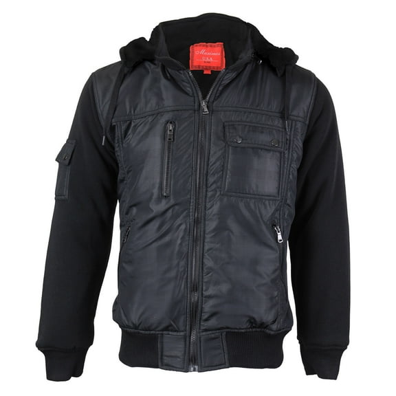 Maximos Men's Sherpa Lined Removable Hood Multi Pocket Zipper Bomber Jacket (Black / Black,S)
