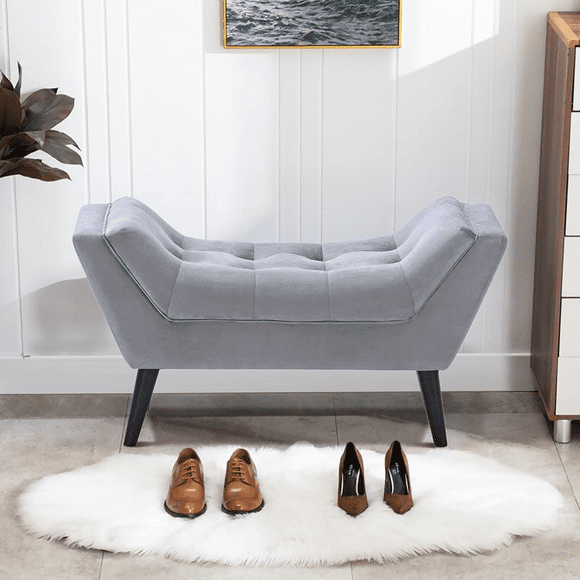 Velvet Tufted Ottoman Bed Bench for Bedroom End of Bed Bench Ottoman Upholstered Small Entryway Bench Modern Footstool Bench with Wooden Legs-Light Gray