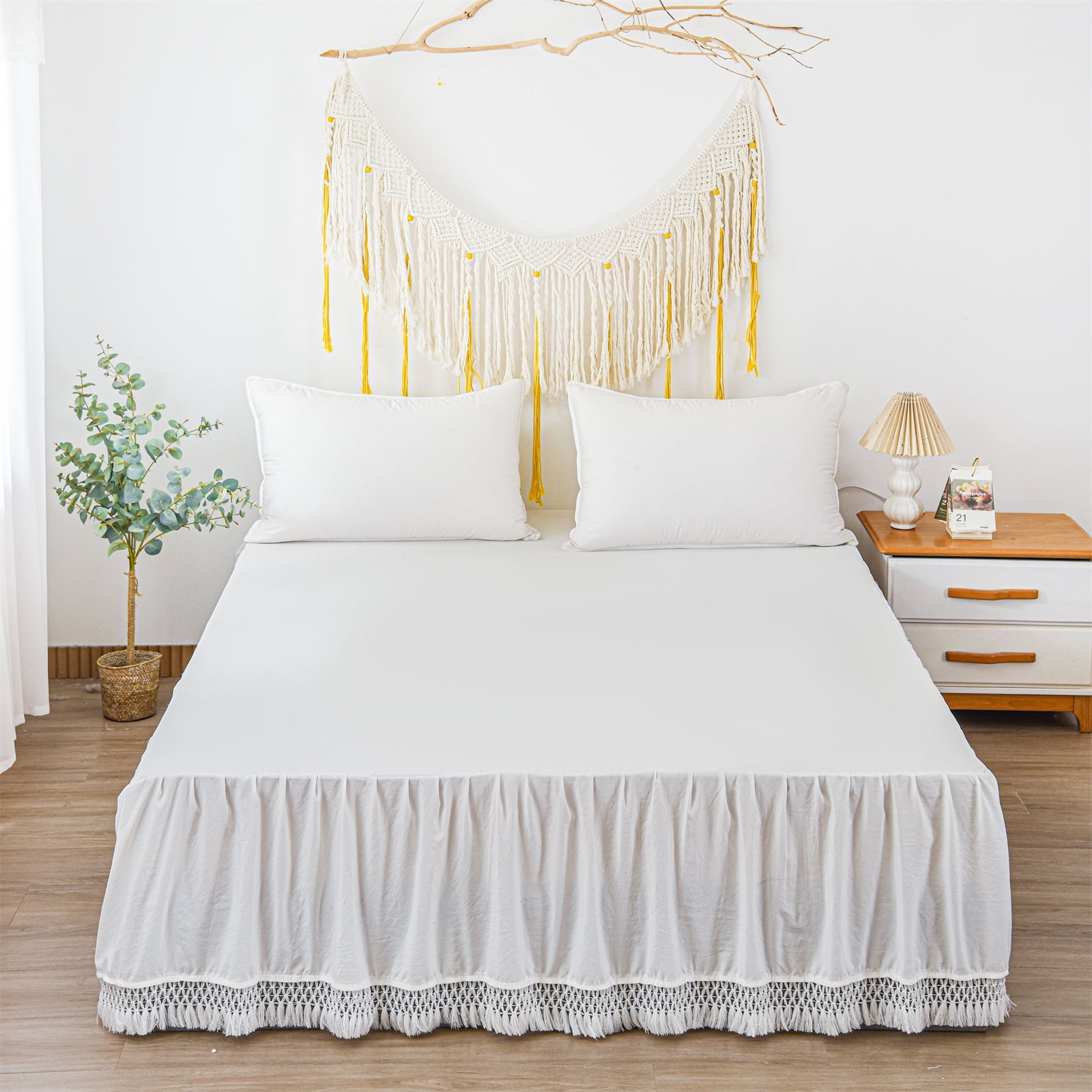 Move Over White Macrame Tassel Bed Skirt Queen 16" Drop Around Bed