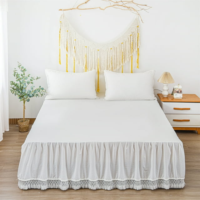 Move Over White Macrame Tassel Bed Skirt Queen 16" Drop Around Bed