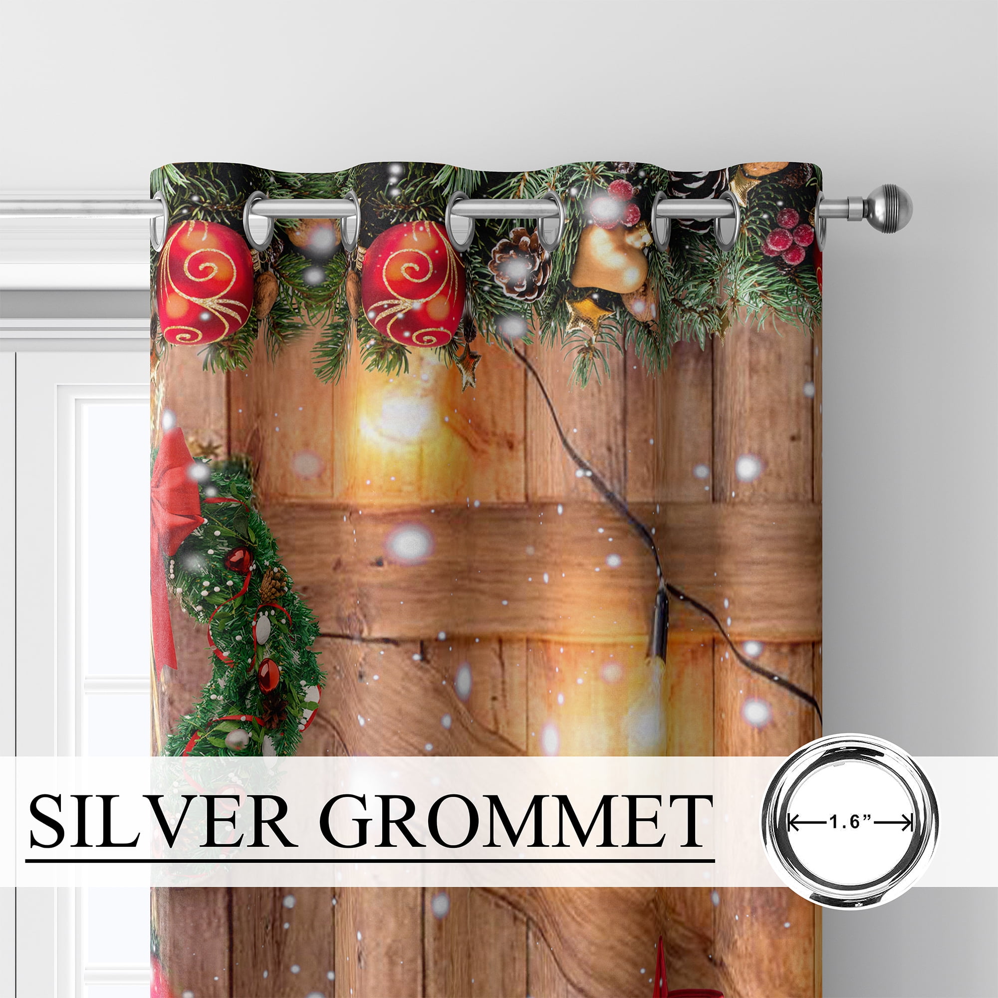 Farmhouse Christmas Black Out Window Curtains, Rustic Country Vintage Winter Pine Tree Xmas Ball Gift Snowflake Wood Barn Decor for Bedroom, Living Room, Grommet Window Drapes 2 Panel Set, 52"x84"
