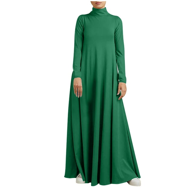 RKSTN Robes d'Automne pour Femmes Grande Taille Robe Décontractée Couleur Unie Col Haut Manches Longues Hiver Automne Basique Tempérament Fluide Robe Maxi