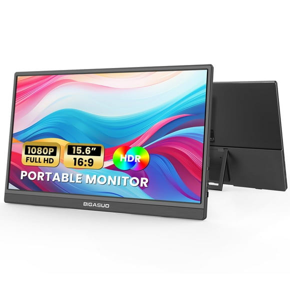 BIGASUO Portable Monitor, 15.6'' 1080P FHD Kickstand Portable Laptop Monitor, USB C HDMI Computer Display IPS Gaming Monitor, External Monitor for Laptop PC MAC Phone PS