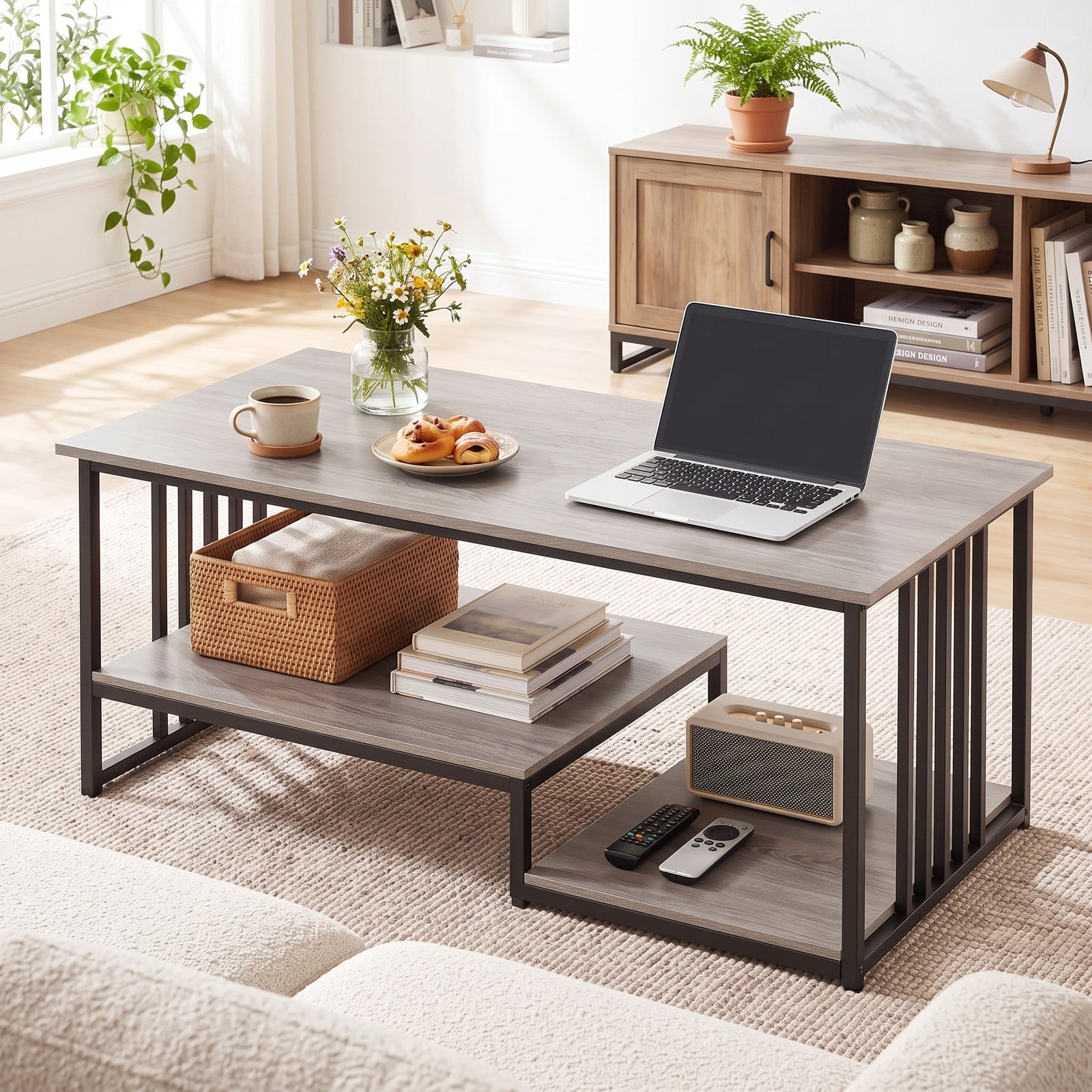 Furnibear 43.5" 2-Tier Coffee Table with Open Storage Shelf, Modern Rustic Wood and Metal Frame Center Table for Living Room, Rectangular Farmhouse, Oak and Black