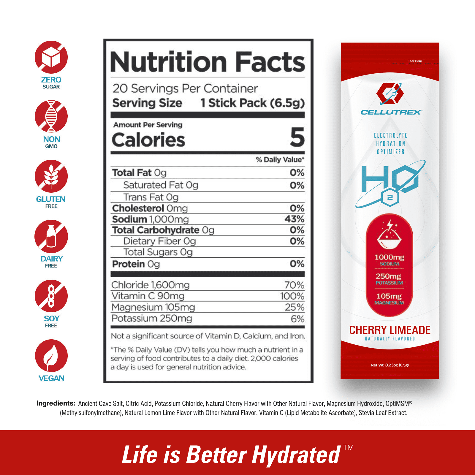 Cellutrex H2O Cherry Limeade Zero Sugar Hydration Packets, Additive-Free Electrolyte Drink Mix for Workouts, Fasting & More, Non-GMO, Easy Open Electrolytes Powder Packets No Sugar, 20 Sticks