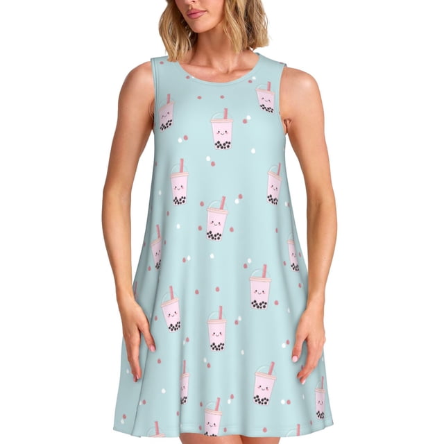 Easygdp Milk Tea1 para Vestido Transpirable de Mujer, Vestido Suelto de Manga Corta con Pliegues y Bolsillos para el Verano