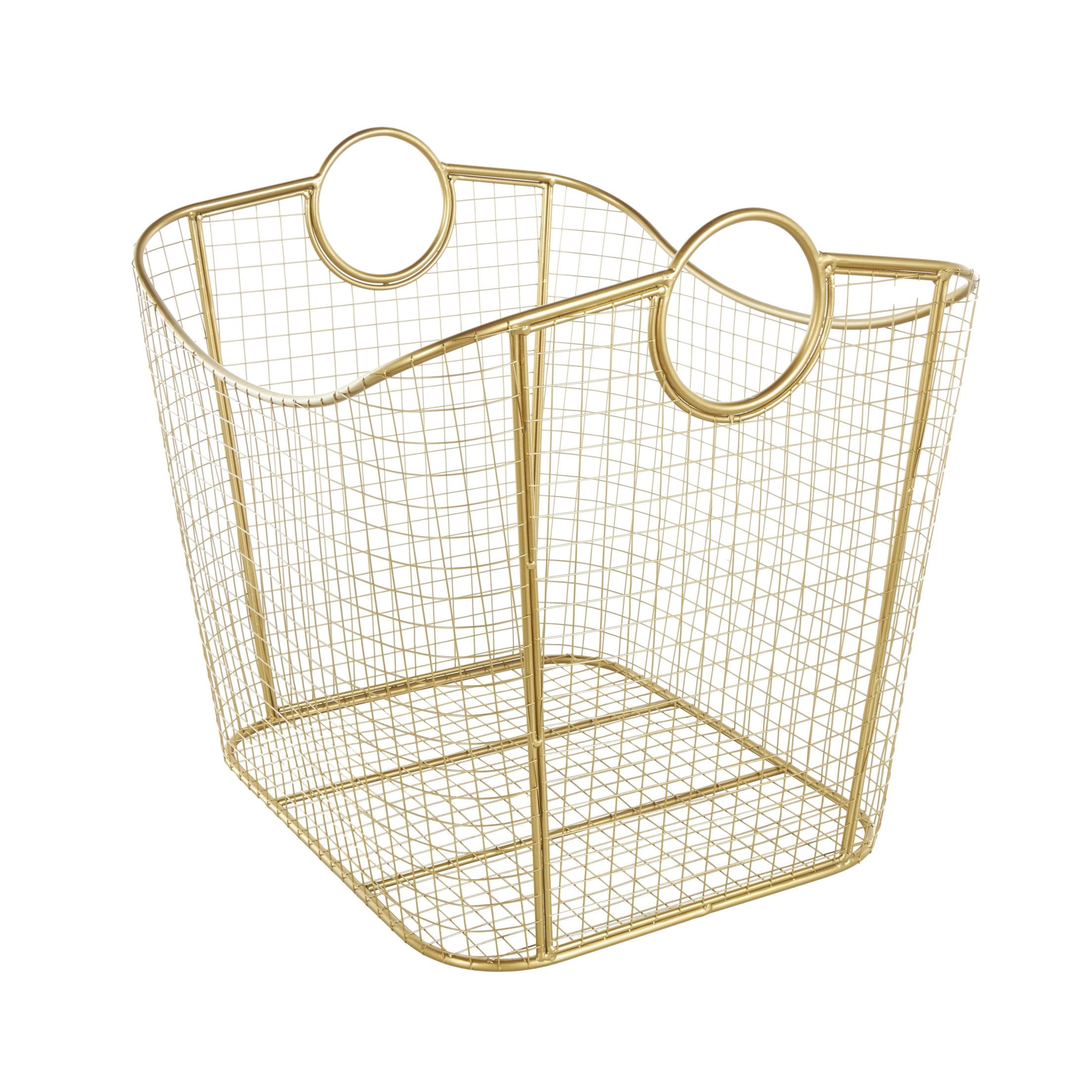 DecMode 20" x 19" Gold Metal Deep Storage Basket with Curved Sides and Ring Handles, 1-Piece