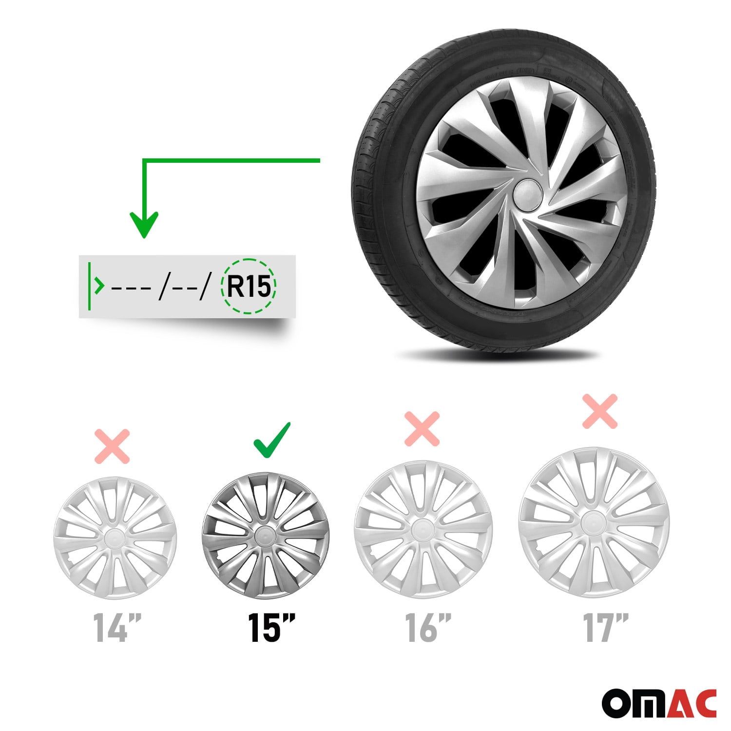 OMAC 15" Wheel Covers Guard Snap on Silver Hub Caps fit R15 Tire Steel Rim 4 Pcs Set