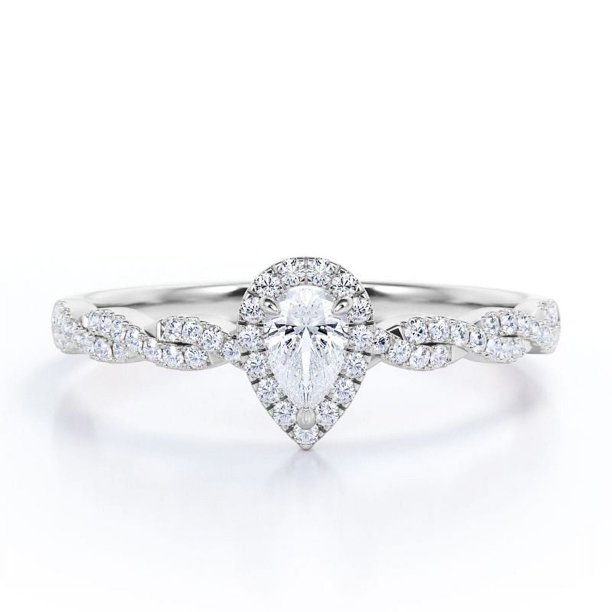 Anillo de Compromiso JeenMata con Pavé Semi Infinito y Diamantes Talla Pera de 0,5 Quilates en Halo de 3 Puntas Oro Blanco de 10 K