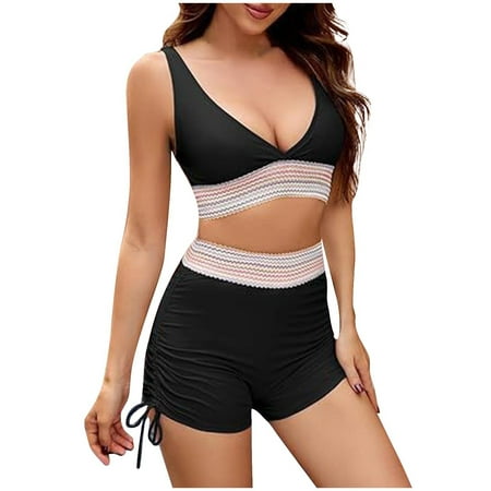 ZQGJB Women High Waisted Bikini Sets Sexy Deep V Neck Tummy Control Swimsuits Color Block Two Piece Side Tie Drawstring Bathing Suit(Black L)