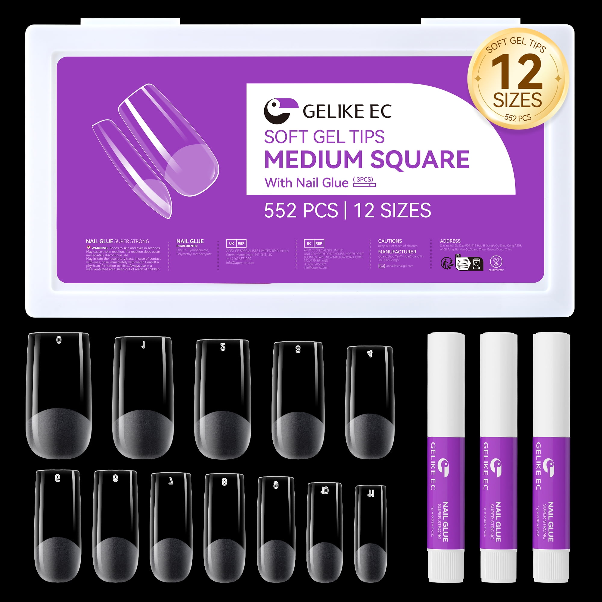Gelike EC 552pcs Medium Square Soft Gel Nail Tips with 3pcs Nail Glue