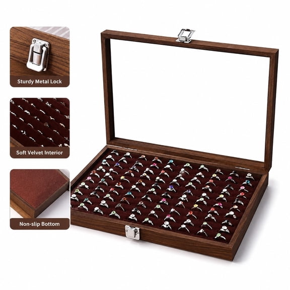 Walnut Wood Jewelry Organizer Box with 100 Ring Slots, Necklace Earring Storage Case, Dustproof Jewelry Display Box for Rings
