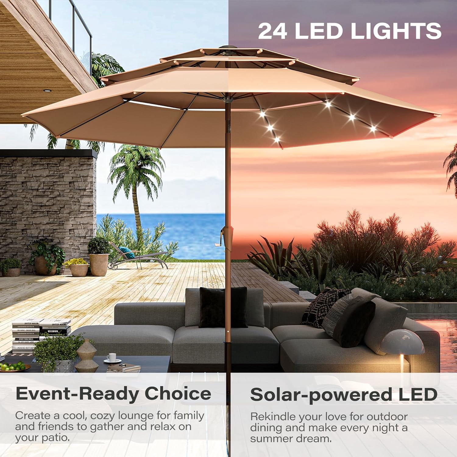 LAUSAINT HOME 10ft Patio Umbrella with Solar Lights, 3-tier Outdoor Umbrellas for Patio Pool Deck Market, Beige