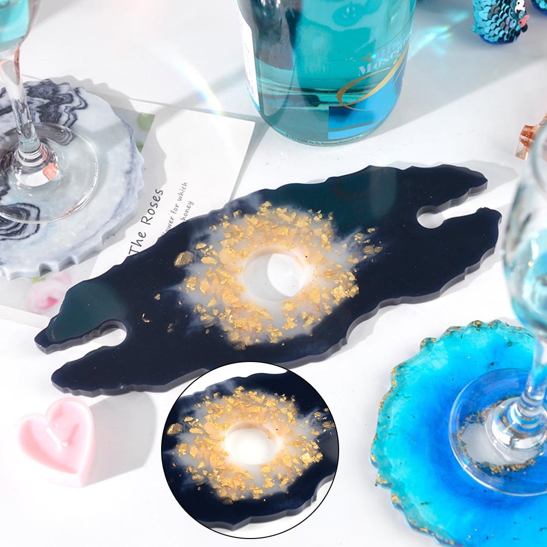 DIY Wine Glass Holder Resin Mold - Creative Craft Kit with Coaster Molds & Metallic Flakes for Unique Home Decor