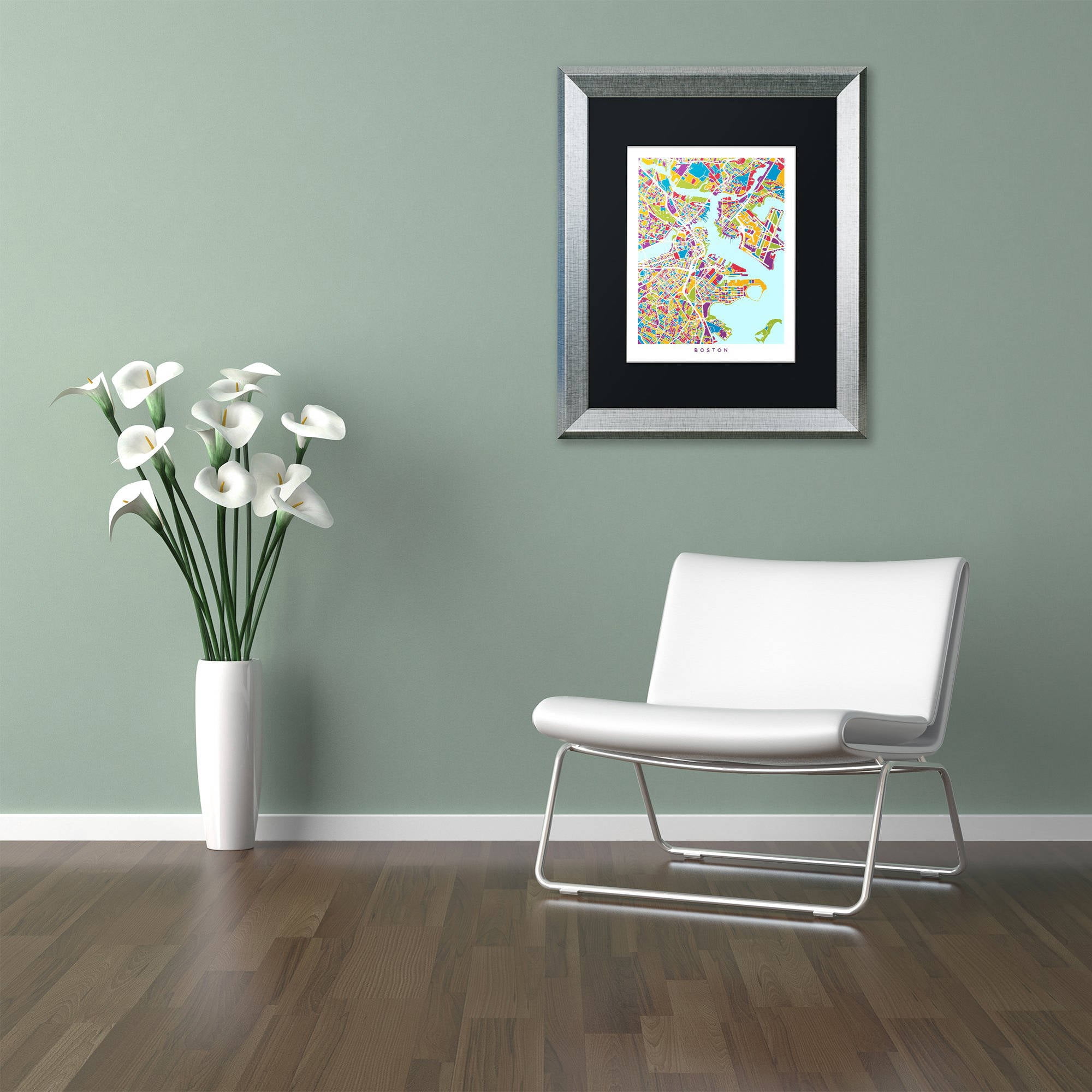 Trademark Fine Art "Boston MA Street Map 2" Canvas Art by Michael Tompsett, Black Matte, Silver Frame