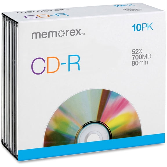 Memorex CD-R Discs, 700MB/80min, 52x, w/Slim Jewel Cases, Silver, 10/Pack