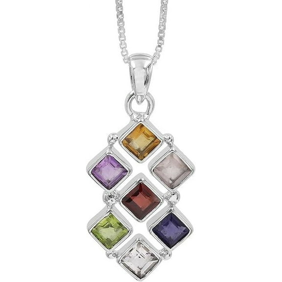 925 Sterling Silver Natural Multi-Gemstone Pendant Necklace 18* For Women