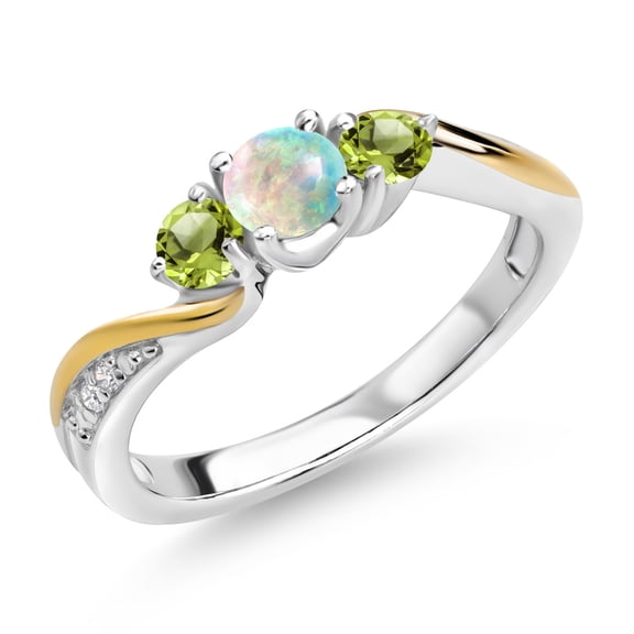 Gem Stone King 925 Silver and 10K Yellow Gold White Simulated Opal Green Peridot and White Lab Grown Diamond 3 Stone Engagement Ring for Women 0.52 Cttw, October Birthstone (Size 7)