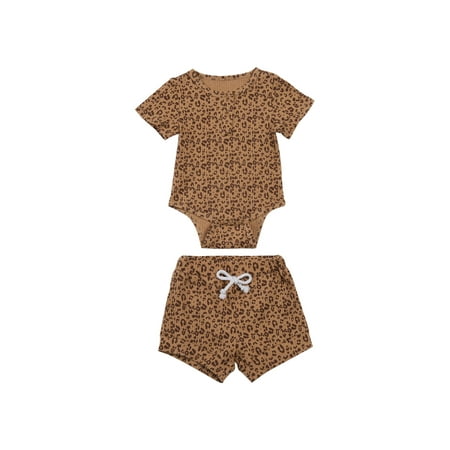

Gwiyeopda Newborn Baby Girls Casual 2-piece Outfit Short Sleeve Leopard Romper with Shorts Set