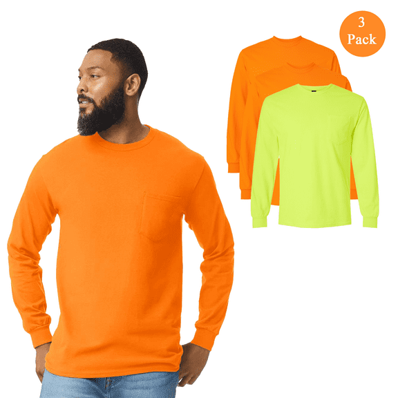 Gildan Ultra Cotton Long Sleeve Pocket T-Shirt, Men's Hi-Vis Safety Green and Orange Tee 3-Pack, S