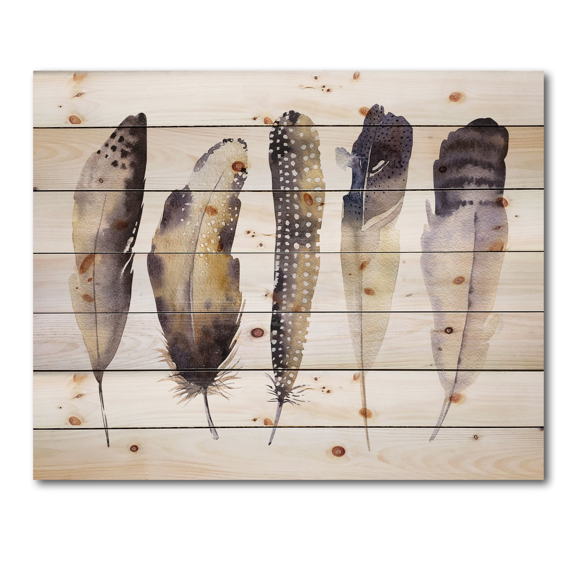 Designart 'Dark Gray Feathers Boho Ethnic I' Bohemian & Eclectic Print on Natural Pine Wood