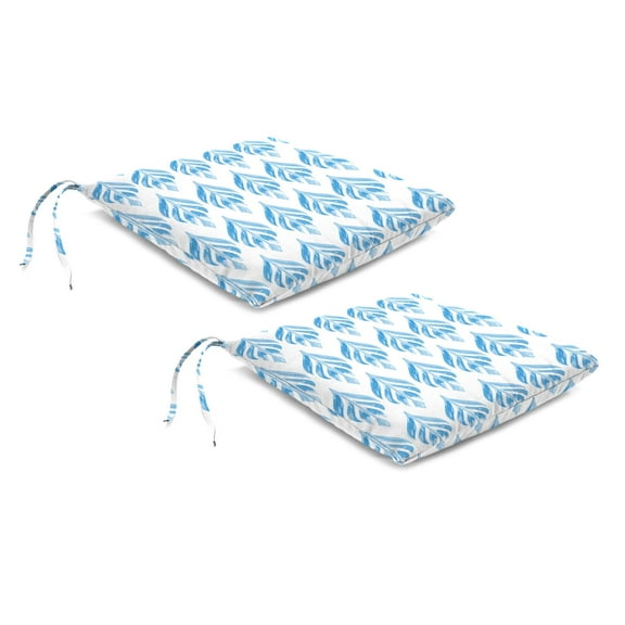 Jordan Manufacturing 18" x 19" Marvel Azure Blue Leaves Rectangular Knife Edge Outdoor Chair Pad Seat Cushion with Ties (2 Pack)