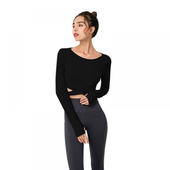 Topwoner Women's Long-sleeved Quick-drying Fitness Yoga Clothes Slim Sports Running Fitness Clothes With Chest Pad Elastic Tights Casual Shirt Black S
